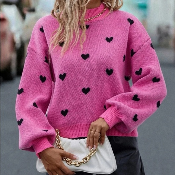 New pink heart print mock neck sweater - Picture 1 of 6